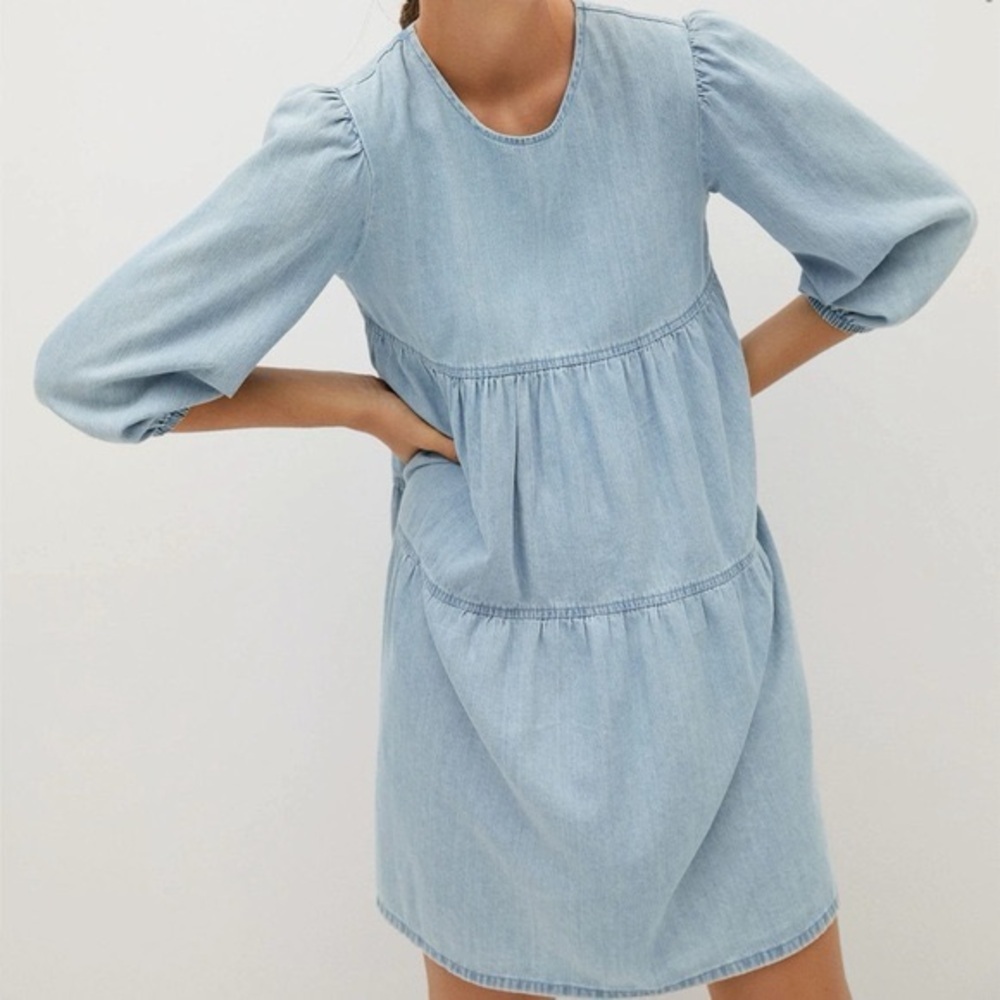 Mango Chambray Tiered Dress